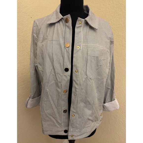 Chico's Fully Lined Snap Striped Jacket - Sz 2 (12/14) - Picture 1 of 15